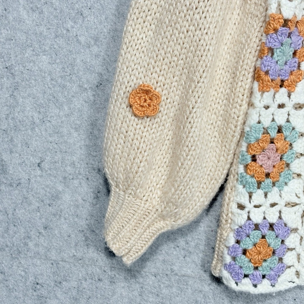 Listicle Granny Square Crochet Sweater S Boho Cottagecore Balloon Sleeve - Picture 4 of 11